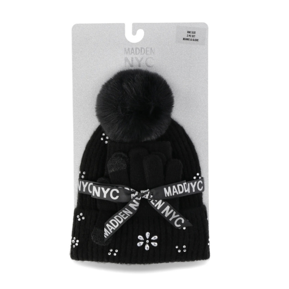Madden NYC Flower Rhinestone Pom Hat and Touch Screen Gloves New